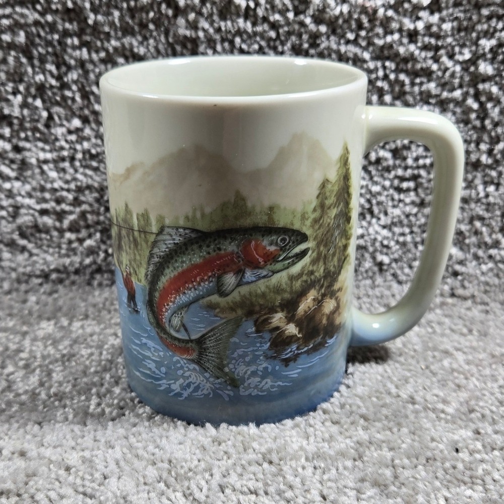 Otagiri Coffee Mug Multicolor Rainbow Trout Fishing Scene Japan Vintage